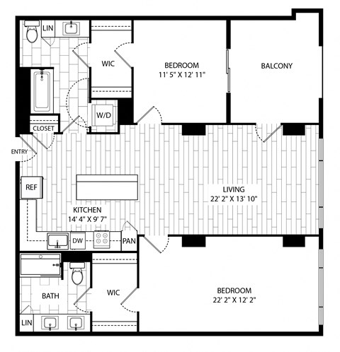 Floor plan for 2 beds, 2 baths, 1225 sqft